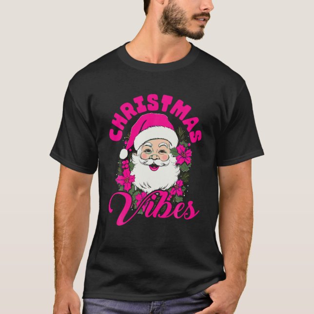 Retro Christmas Vibes Pink Santa Claus Funny Xmas  T-Shirt (Front)