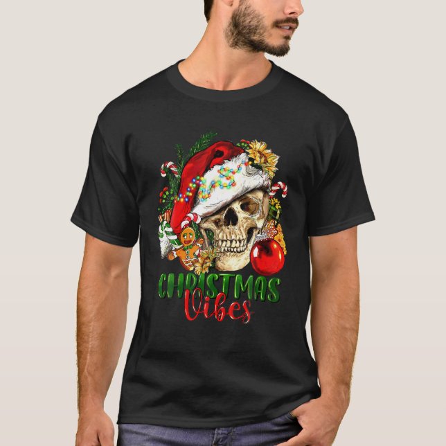 Retro Christmas Vibes Skeleton Skull Santa Hat Xma T-Shirt (Front)
