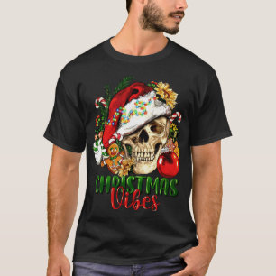 Retro Christmas Vibes Skeleton Skull Santa Hat Xma T-Shirt