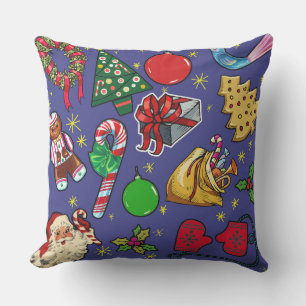 Retro Christmas Vintage Colourful Blue Red Green Cushion