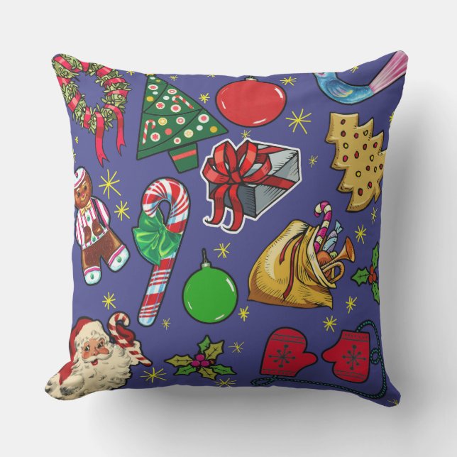 Retro Christmas Vintage Colourful Blue Red Green Cushion (Front)