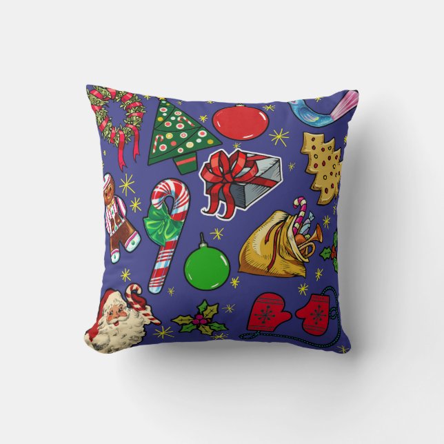 Retro Christmas Vintage Colourful Blue Red Green Cushion (Front)