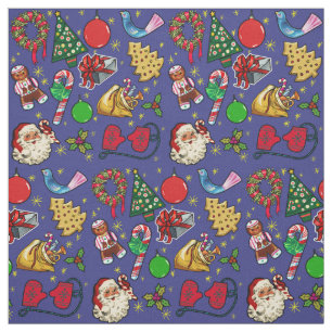 Retro Christmas Vintage Colourful Blue Red Green Fabric