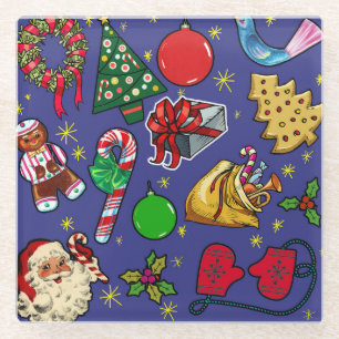 Retro Christmas Vintage Colourful Blue Red Green Glass Coaster