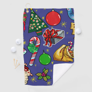Retro Christmas Vintage Colourful Blue Red Green Golf Towel