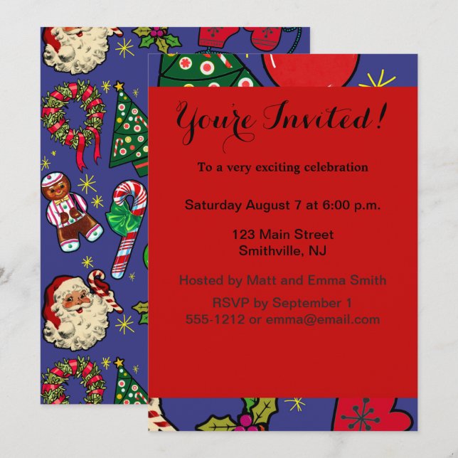 Retro Christmas Vintage Colourful Blue Red Green Invitation (Front/Back)