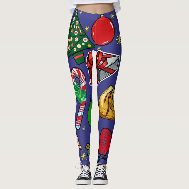Retro Christmas Vintage Colourful Blue Red Green Leggings (Front)