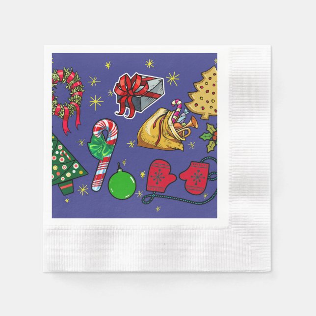 Retro Christmas Vintage Colourful Blue Red Green Napkin (Front)