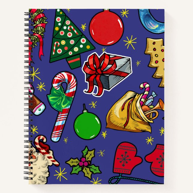 Retro Christmas Vintage Colourful Blue Red Green Notebook (Front)