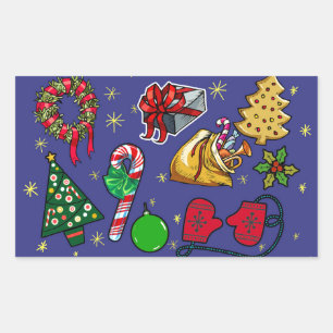 Retro Christmas Vintage Colourful Blue Red Green Rectangular Sticker