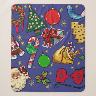 Retro Christmas Vintage Colourful Blue Red Green Sherpa Blanket