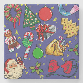 Retro Christmas Vintage Colourful Blue Red Green Stone Coaster