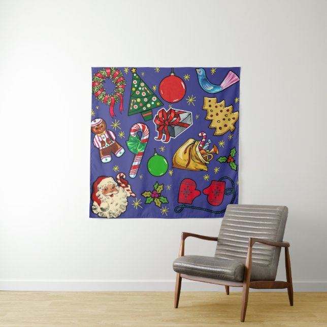 Retro Christmas Vintage Colourful Blue Red Green Tapestry (In Situ)