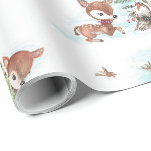 Retro Christmas Watercolor Woodland Animals Wrap Wrapping Paper