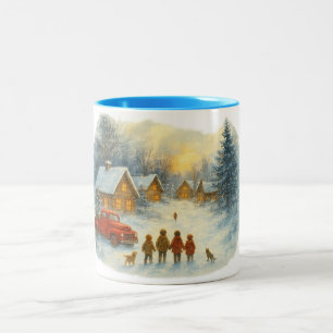 Retro Christmas Winter Village , Vintage Mountain Two-Tone Coffee Mug