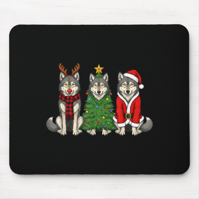 Retro Christmas Wolf Santa Reindeer  Mouse Mat (Front)