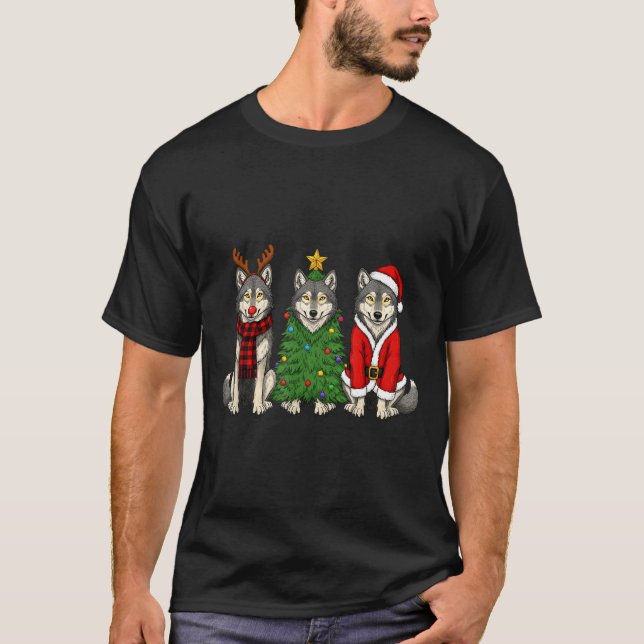 Retro Christmas Wolf Santa Reindeer  T-Shirt (Front)