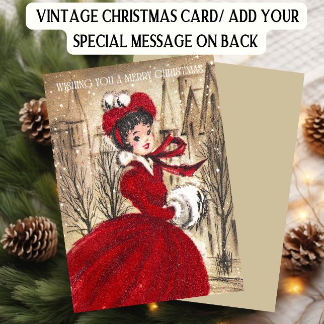 Retro Christmas Woman in Red Holiday Card (Creator Uploaded)