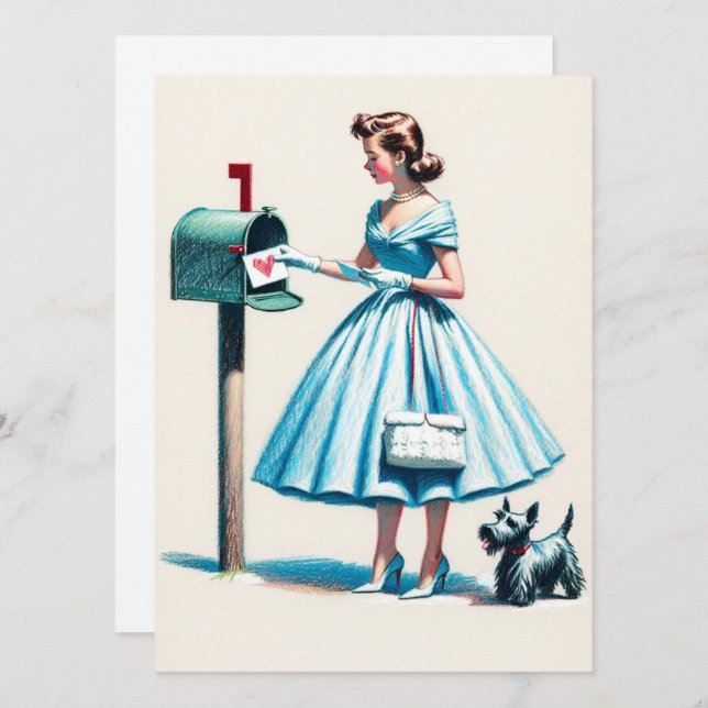 Retro Christmas Woman With Scotty Dog Mailbox Holiday Card (Front/Back)