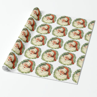 Retro Chubby Santa Wreath Holiday Gift Wrapping Paper