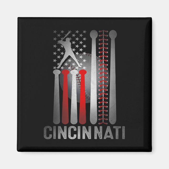 Retro Cincinnati American Flag Distressed Baseball Magnet (Front)
