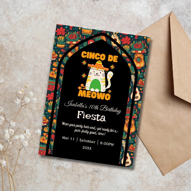 Retro Cinco De Mayo- Cute Cat Birthday  Invitation (Creator Uploaded)