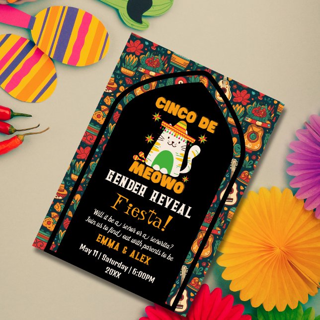 Retro Cinco De Mayo- Cute Cat Gender Reveal Invitation (Creator Uploaded)