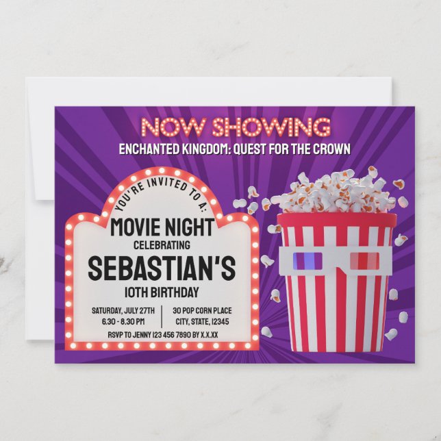 Retro Cinema Sign and Popcorn Birthday Movie Night Invitation (Front)