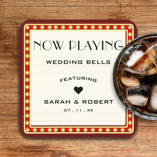 Retro Cinema Theatre Marquee Sign Red Wedding Square Paper Coaster (Retro Cinema Theater Marquee Sign Red Wedding Square Paper Coaster
)