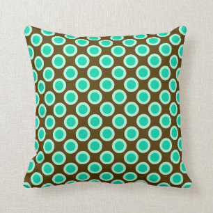 Retro circled dots, brown and turquoise cushion