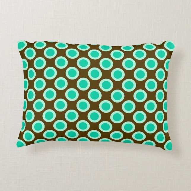 Retro circled dots, brown and turquoise decorative cushion (Back)