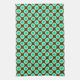 Retro circled dots, brown and turquoise tea towel