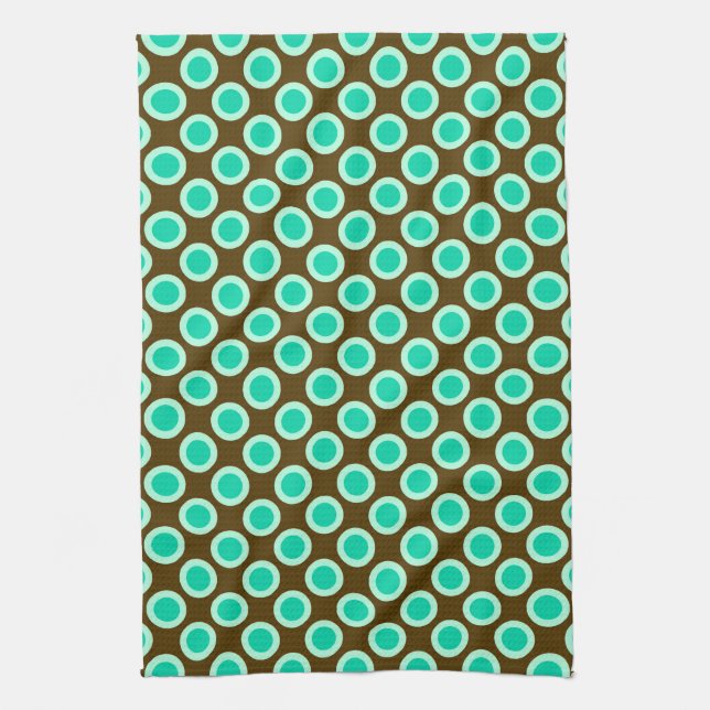 Retro circled dots, brown and turquoise tea towel (Vertical)