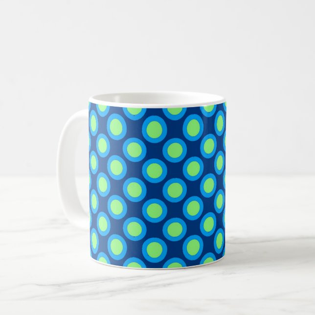 Retro circled dots, cobalt blue and light green coffee mug (Front Left)