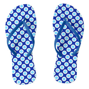 Retro circled dots, cobalt blue and white flip flops