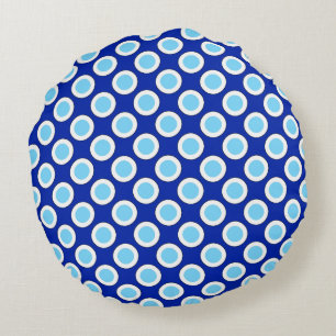 Retro circled dots, cobalt blue and white round cushion