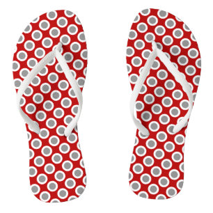 Retro circled dots, deep red and grey flip flops