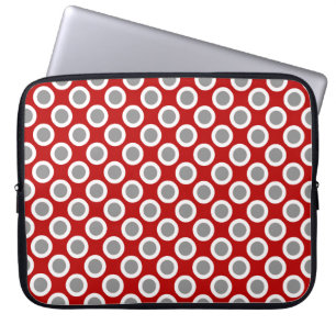 Retro circled dots, deep red and grey laptop sleeve