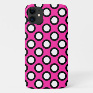 Retro circled dots, fuchsia, black and white iPhone 11 case