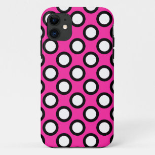 Retro circled dots, fuchsia, black and white iPhone 11 case