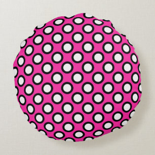 Retro circled dots, fuchsia, black and white round cushion