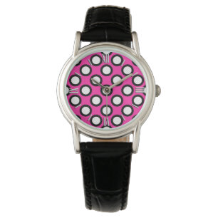 Retro circled dots, fuchsia, black and white watch