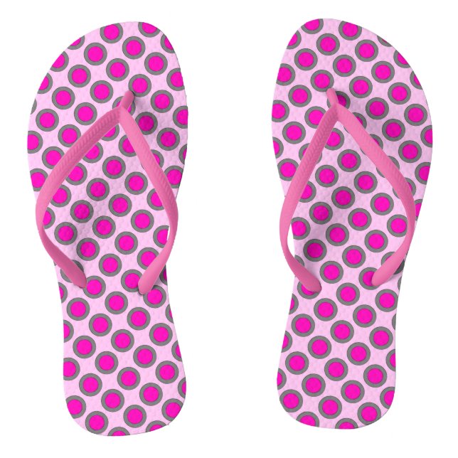 Retro circled dots, fuchsia, grey and pink flip flops (Footbed)