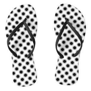 Retro circled dots, grey, black and white flip flops