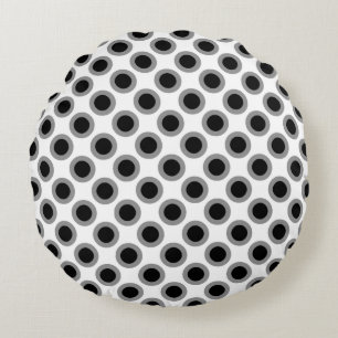 Retro circled dots, grey, black and white round cushion