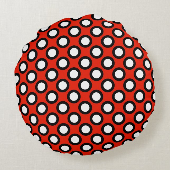 Retro circled dots, red, black and white round cushion (Back)