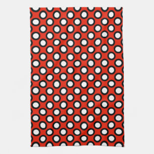 Retro circled dots, red, black and white tea towel
