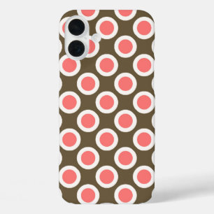 Retro circled dots, taupe and coral pink iPhone 16 plus case