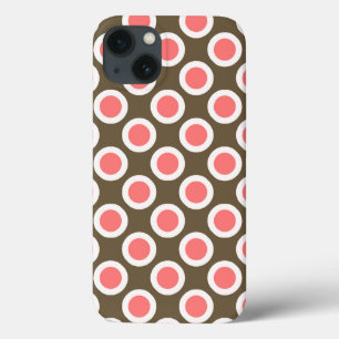 Retro circled dots, taupe and coral pink iPhone 13 case