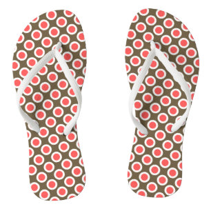 Retro circled dots, taupe and coral pink flip flops